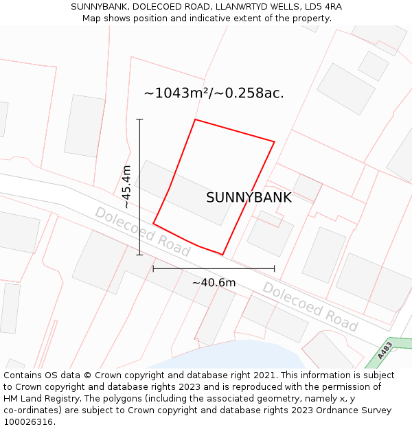 SUNNYBANK, DOLECOED ROAD, LLANWRTYD WELLS, LD5 4RA: Plot and title map