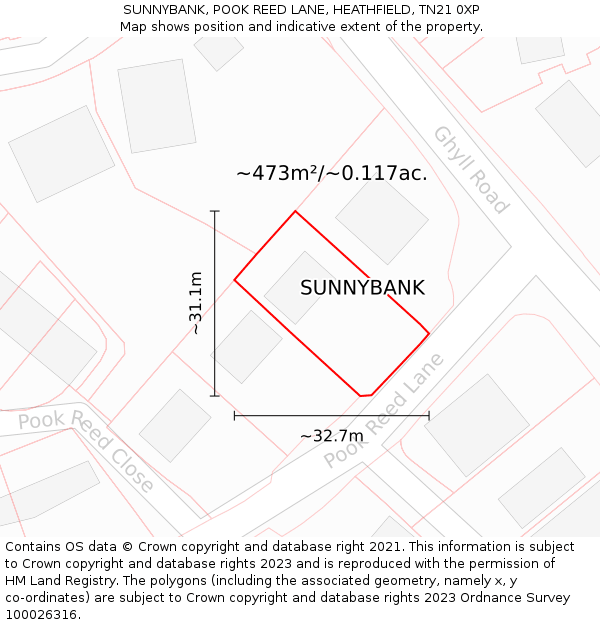 SUNNYBANK, POOK REED LANE, HEATHFIELD, TN21 0XP: Plot and title map