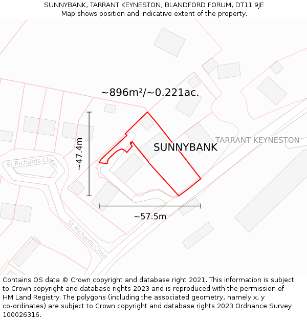 SUNNYBANK, TARRANT KEYNESTON, BLANDFORD FORUM, DT11 9JE: Plot and title map