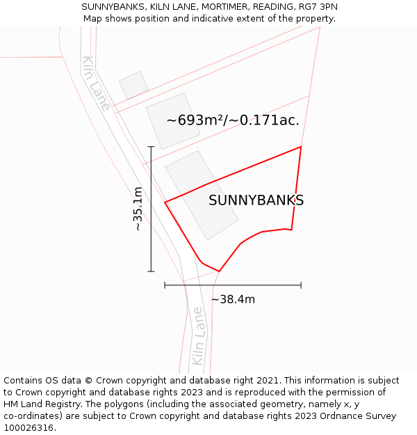 SUNNYBANKS, KILN LANE, MORTIMER, READING, RG7 3PN: Plot and title map