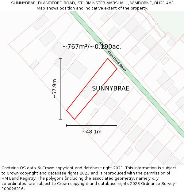 SUNNYBRAE, BLANDFORD ROAD, STURMINSTER MARSHALL, WIMBORNE, BH21 4AF: Plot and title map