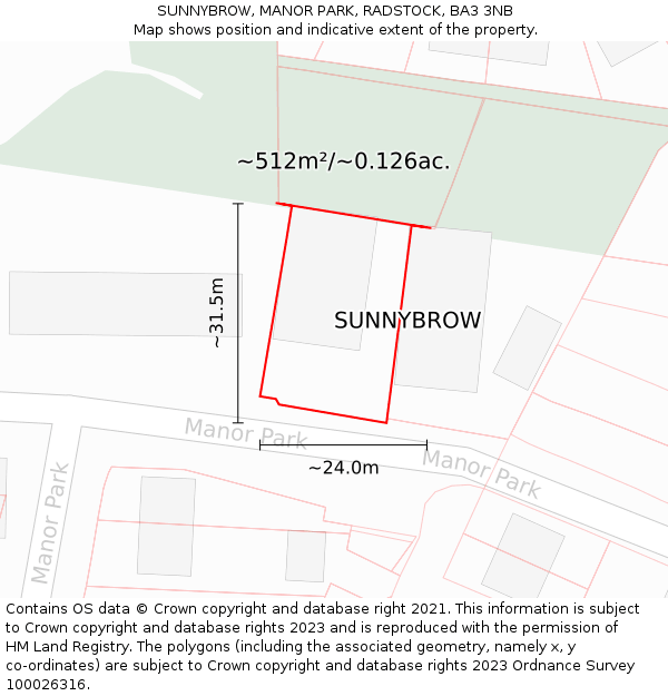 SUNNYBROW, MANOR PARK, RADSTOCK, BA3 3NB: Plot and title map