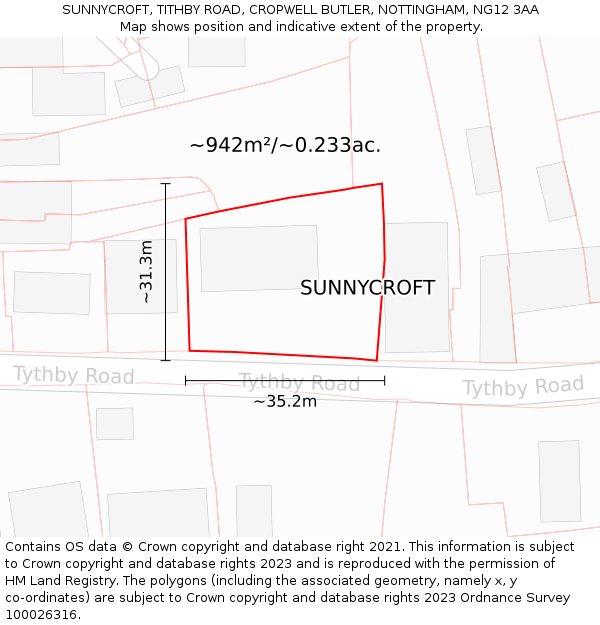 SUNNYCROFT, TITHBY ROAD, CROPWELL BUTLER, NOTTINGHAM, NG12 3AA: Plot and title map