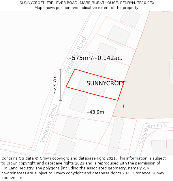 SUNNYCROFT, TRELIEVER ROAD, MABE BURNTHOUSE, PENRYN, TR10 9EX: Plot and title map