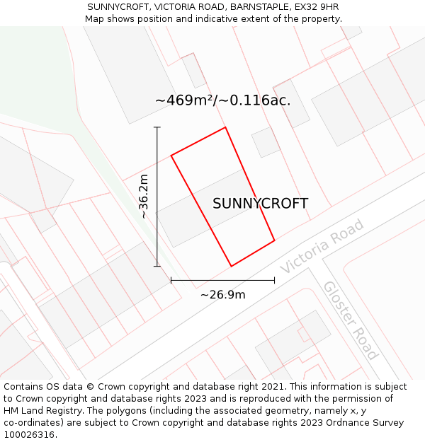 SUNNYCROFT, VICTORIA ROAD, BARNSTAPLE, EX32 9HR: Plot and title map