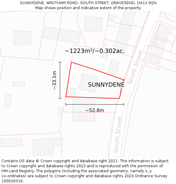 SUNNYDENE, WROTHAM ROAD, SOUTH STREET, GRAVESEND, DA13 0QN: Plot and title map