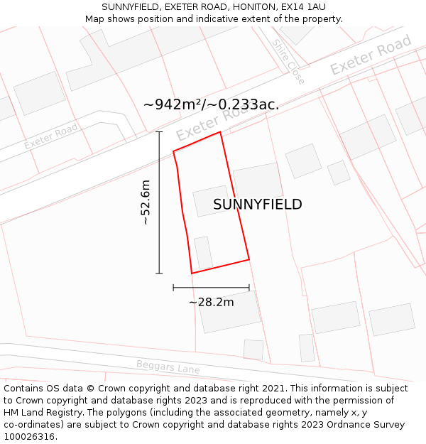 SUNNYFIELD, EXETER ROAD, HONITON, EX14 1AU: Plot and title map