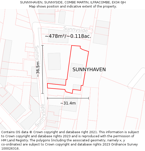 SUNNYHAVEN, SUNNYSIDE, COMBE MARTIN, ILFRACOMBE, EX34 0JH: Plot and title map