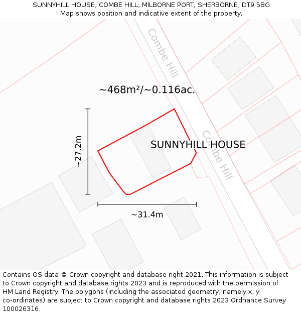 SUNNYHILL HOUSE, COMBE HILL, MILBORNE PORT, SHERBORNE, DT9 5BG: Plot and title map