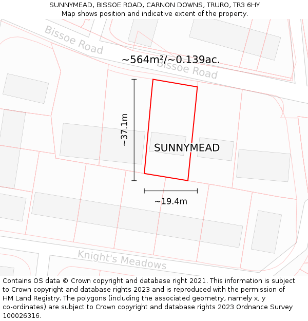 SUNNYMEAD, BISSOE ROAD, CARNON DOWNS, TRURO, TR3 6HY: Plot and title map