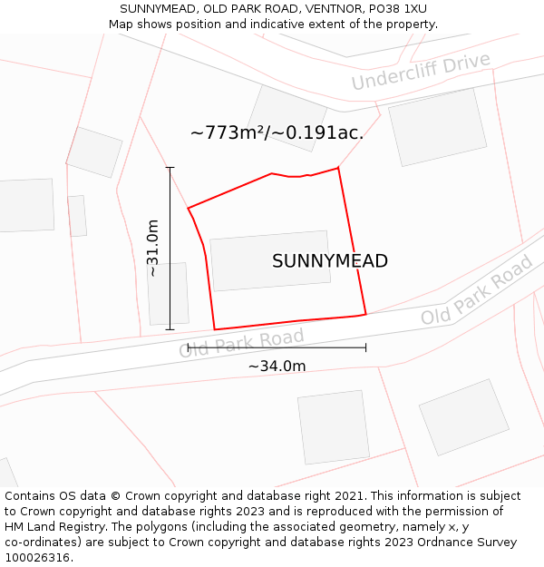 SUNNYMEAD, OLD PARK ROAD, VENTNOR, PO38 1XU: Plot and title map