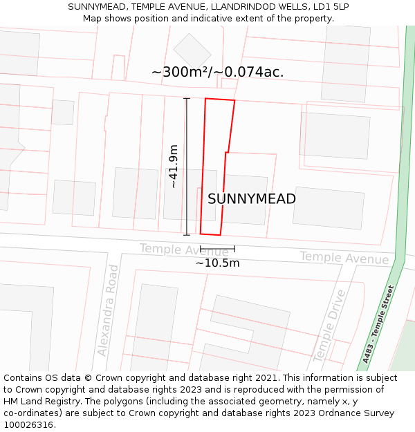 SUNNYMEAD, TEMPLE AVENUE, LLANDRINDOD WELLS, LD1 5LP: Plot and title map