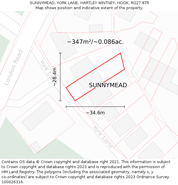 SUNNYMEAD, YORK LANE, HARTLEY WINTNEY, HOOK, RG27 8TR: Plot and title map