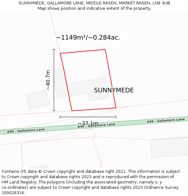 SUNNYMEDE, GALLAMORE LANE, MIDDLE RASEN, MARKET RASEN, LN8 3UB: Plot and title map