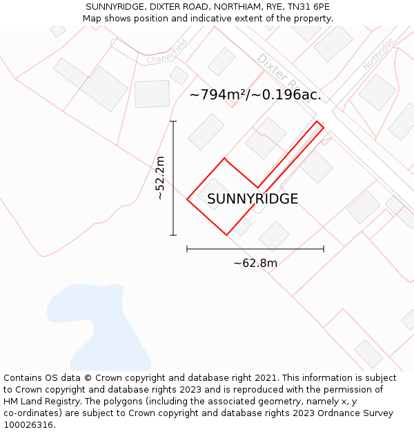 SUNNYRIDGE, DIXTER ROAD, NORTHIAM, RYE, TN31 6PE: Plot and title map