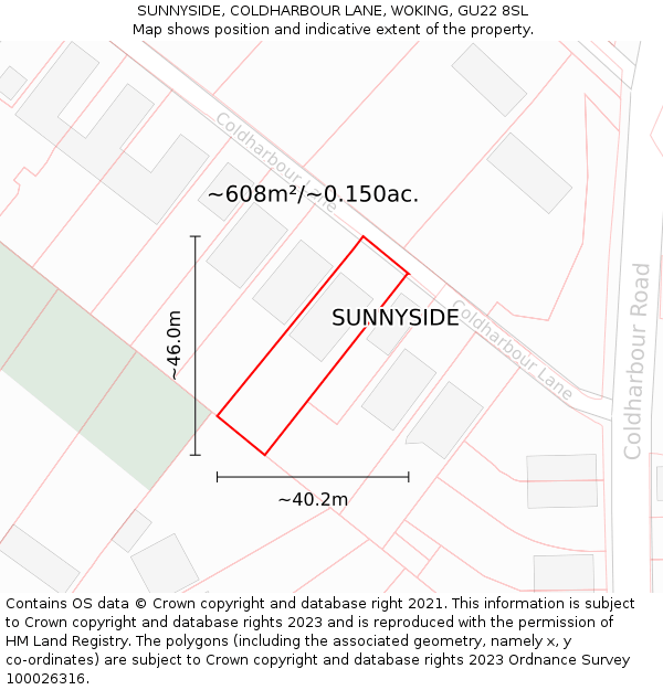 SUNNYSIDE, COLDHARBOUR LANE, WOKING, GU22 8SL: Plot and title map
