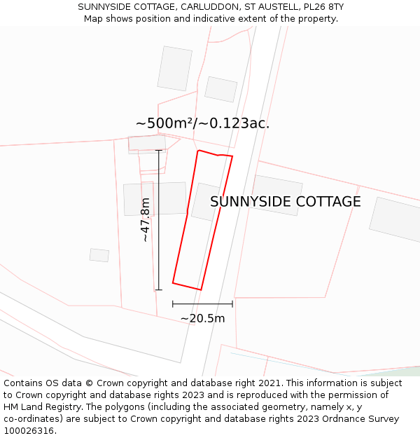 SUNNYSIDE COTTAGE, CARLUDDON, ST AUSTELL, PL26 8TY: Plot and title map