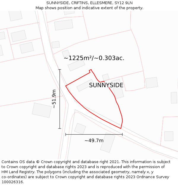 SUNNYSIDE, CRIFTINS, ELLESMERE, SY12 9LN: Plot and title map