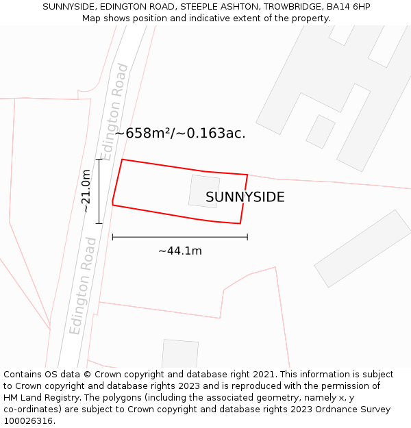 SUNNYSIDE, EDINGTON ROAD, STEEPLE ASHTON, TROWBRIDGE, BA14 6HP: Plot and title map