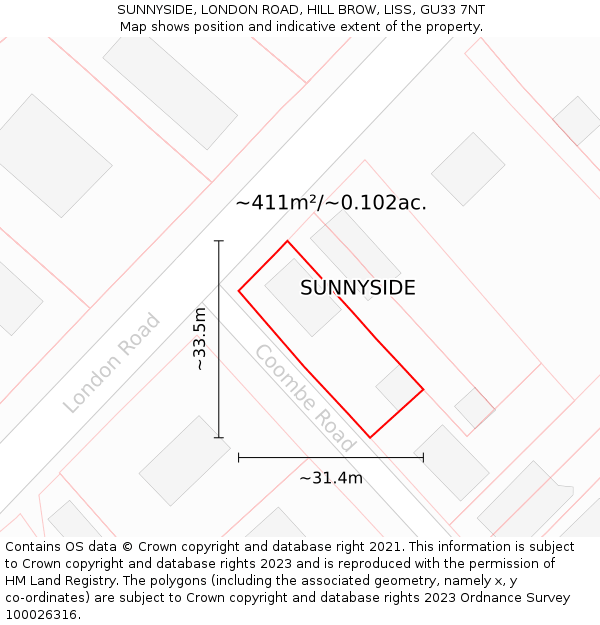 SUNNYSIDE, LONDON ROAD, HILL BROW, LISS, GU33 7NT: Plot and title map