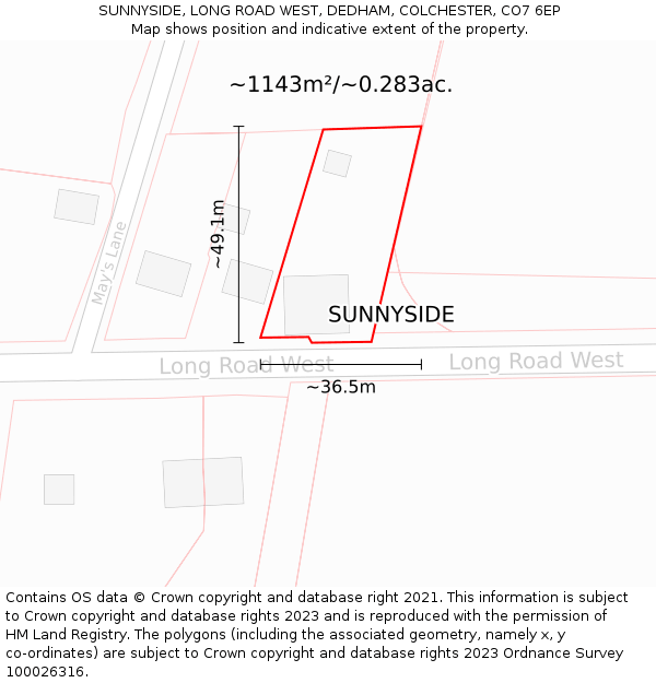 SUNNYSIDE, LONG ROAD WEST, DEDHAM, COLCHESTER, CO7 6EP: Plot and title map