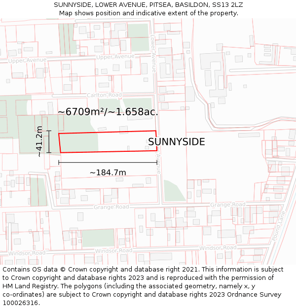 SUNNYSIDE, LOWER AVENUE, PITSEA, BASILDON, SS13 2LZ: Plot and title map
