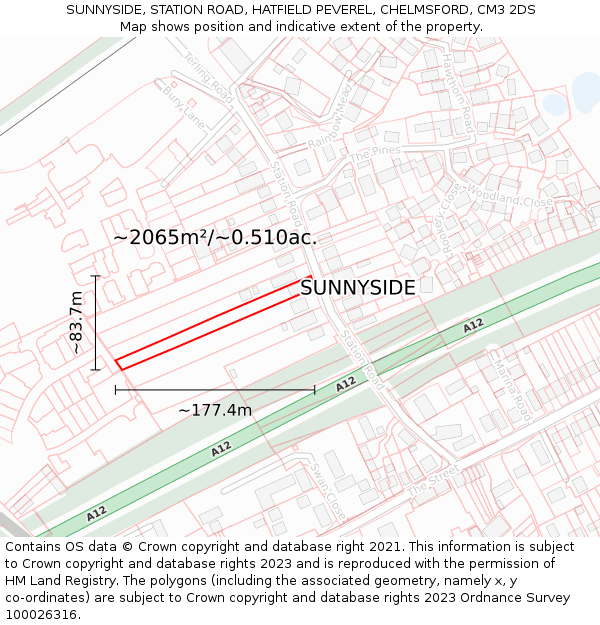 SUNNYSIDE, STATION ROAD, HATFIELD PEVEREL, CHELMSFORD, CM3 2DS: Plot and title map