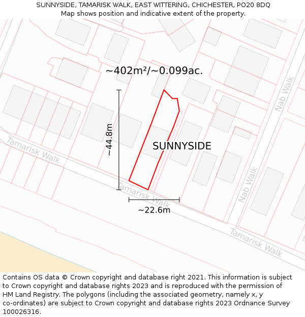 SUNNYSIDE, TAMARISK WALK, EAST WITTERING, CHICHESTER, PO20 8DQ: Plot and title map