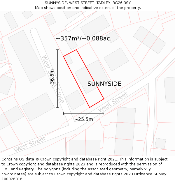 SUNNYSIDE, WEST STREET, TADLEY, RG26 3SY: Plot and title map