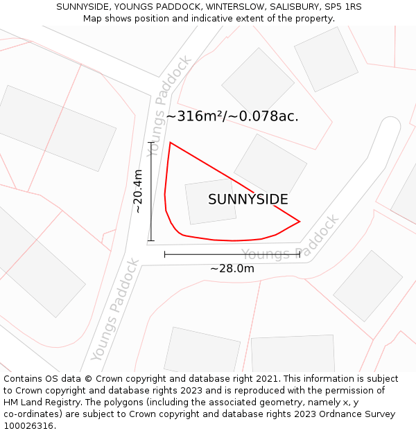 SUNNYSIDE, YOUNGS PADDOCK, WINTERSLOW, SALISBURY, SP5 1RS: Plot and title map