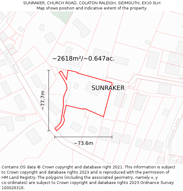 SUNRAKER, CHURCH ROAD, COLATON RALEIGH, SIDMOUTH, EX10 0LH: Plot and title map