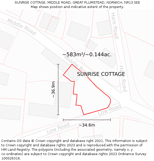 SUNRISE COTTAGE, MIDDLE ROAD, GREAT PLUMSTEAD, NORWICH, NR13 5EE: Plot and title map