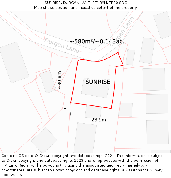 SUNRISE, DURGAN LANE, PENRYN, TR10 8DG: Plot and title map