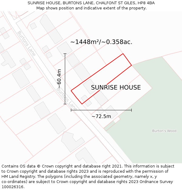 SUNRISE HOUSE, BURTONS LANE, CHALFONT ST GILES, HP8 4BA: Plot and title map
