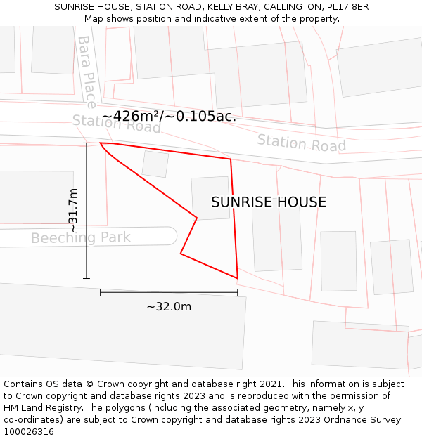 SUNRISE HOUSE, STATION ROAD, KELLY BRAY, CALLINGTON, PL17 8ER: Plot and title map