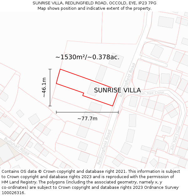 SUNRISE VILLA, REDLINGFIELD ROAD, OCCOLD, EYE, IP23 7PG: Plot and title map