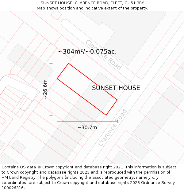 SUNSET HOUSE, CLARENCE ROAD, FLEET, GU51 3RY: Plot and title map