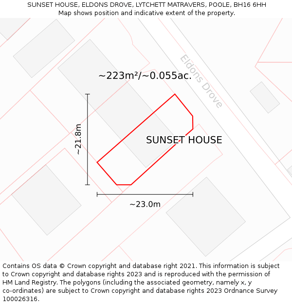 SUNSET HOUSE, ELDONS DROVE, LYTCHETT MATRAVERS, POOLE, BH16 6HH: Plot and title map