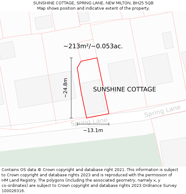 SUNSHINE COTTAGE, SPRING LANE, NEW MILTON, BH25 5QB: Plot and title map