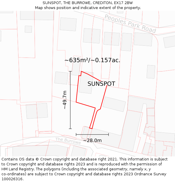 SUNSPOT, THE BURROWE, CREDITON, EX17 2BW: Plot and title map