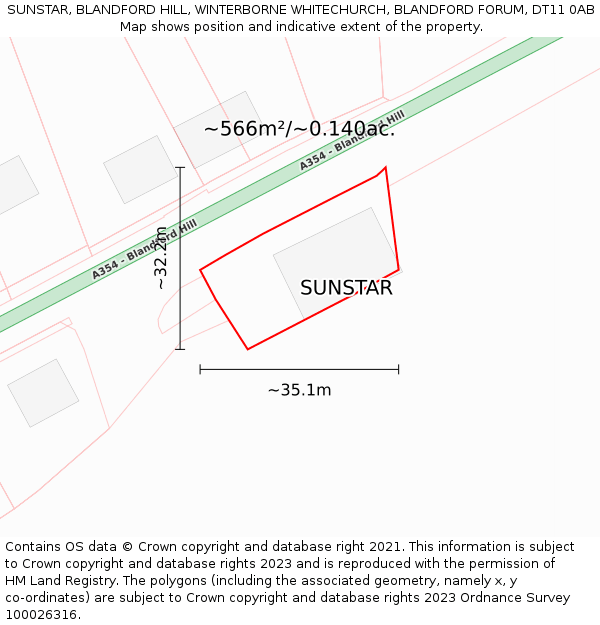 SUNSTAR, BLANDFORD HILL, WINTERBORNE WHITECHURCH, BLANDFORD FORUM, DT11 0AB: Plot and title map