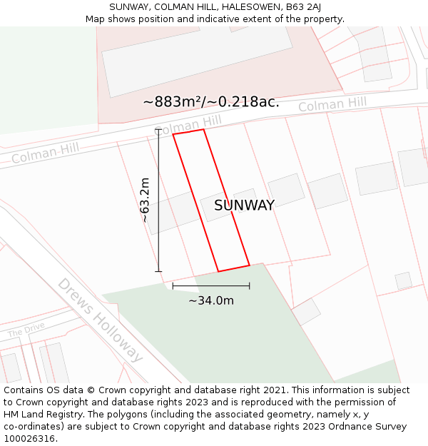 SUNWAY, COLMAN HILL, HALESOWEN, B63 2AJ: Plot and title map