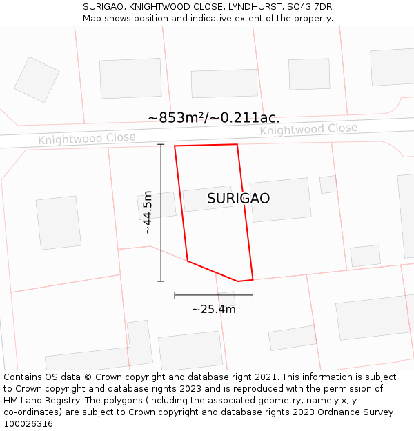 SURIGAO, KNIGHTWOOD CLOSE, LYNDHURST, SO43 7DR: Plot and title map