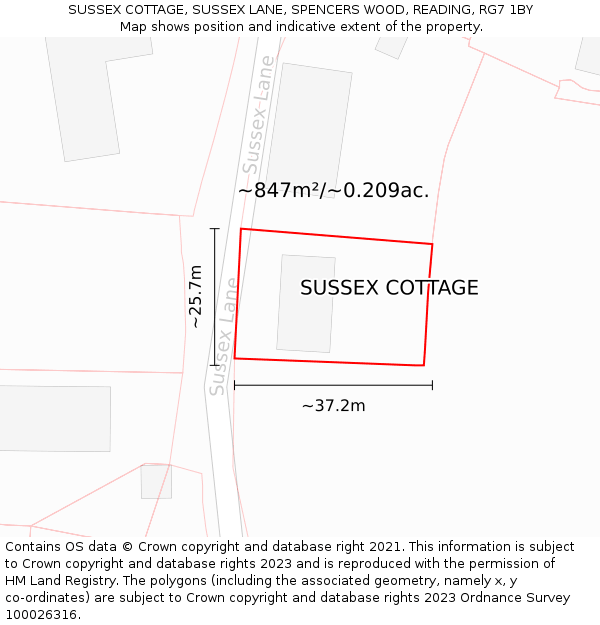 SUSSEX COTTAGE, SUSSEX LANE, SPENCERS WOOD, READING, RG7 1BY: Plot and title map