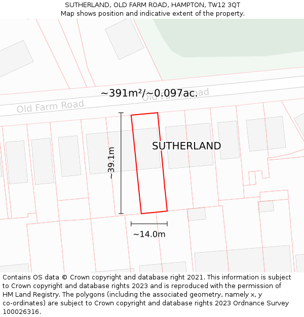 SUTHERLAND, OLD FARM ROAD, HAMPTON, TW12 3QT: Plot and title map