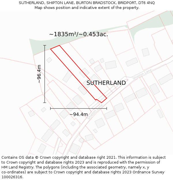 SUTHERLAND, SHIPTON LANE, BURTON BRADSTOCK, BRIDPORT, DT6 4NQ: Plot and title map