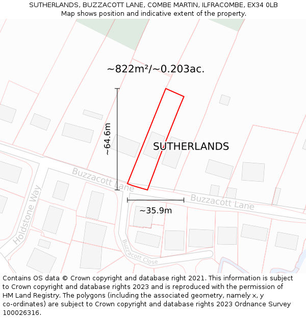 SUTHERLANDS, BUZZACOTT LANE, COMBE MARTIN, ILFRACOMBE, EX34 0LB: Plot and title map