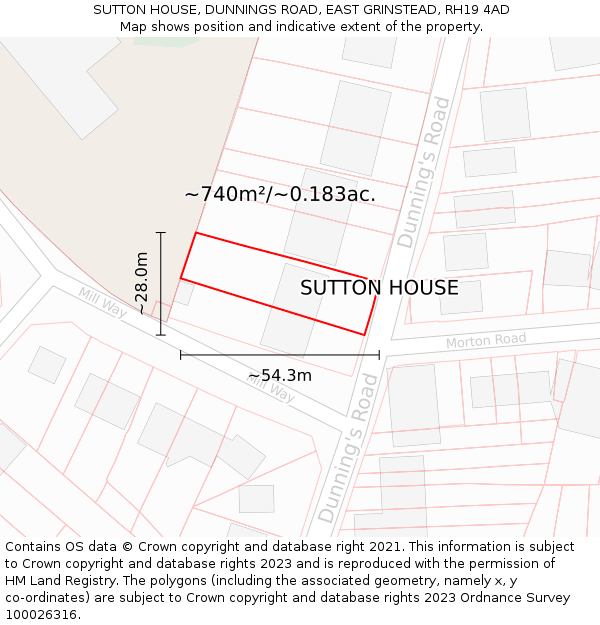 SUTTON HOUSE, DUNNINGS ROAD, EAST GRINSTEAD, RH19 4AD: Plot and title map