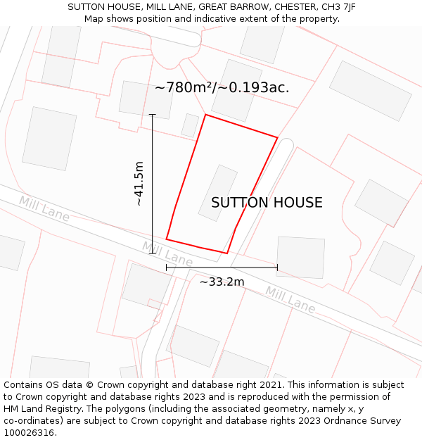 SUTTON HOUSE, MILL LANE, GREAT BARROW, CHESTER, CH3 7JF: Plot and title map