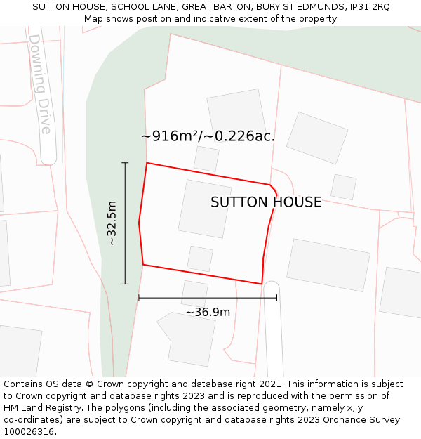 SUTTON HOUSE, SCHOOL LANE, GREAT BARTON, BURY ST EDMUNDS, IP31 2RQ: Plot and title map